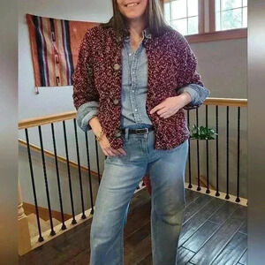 Jones New York Pink, Black, and Gray Bouclé Wool Blend Cardigan, Size Med